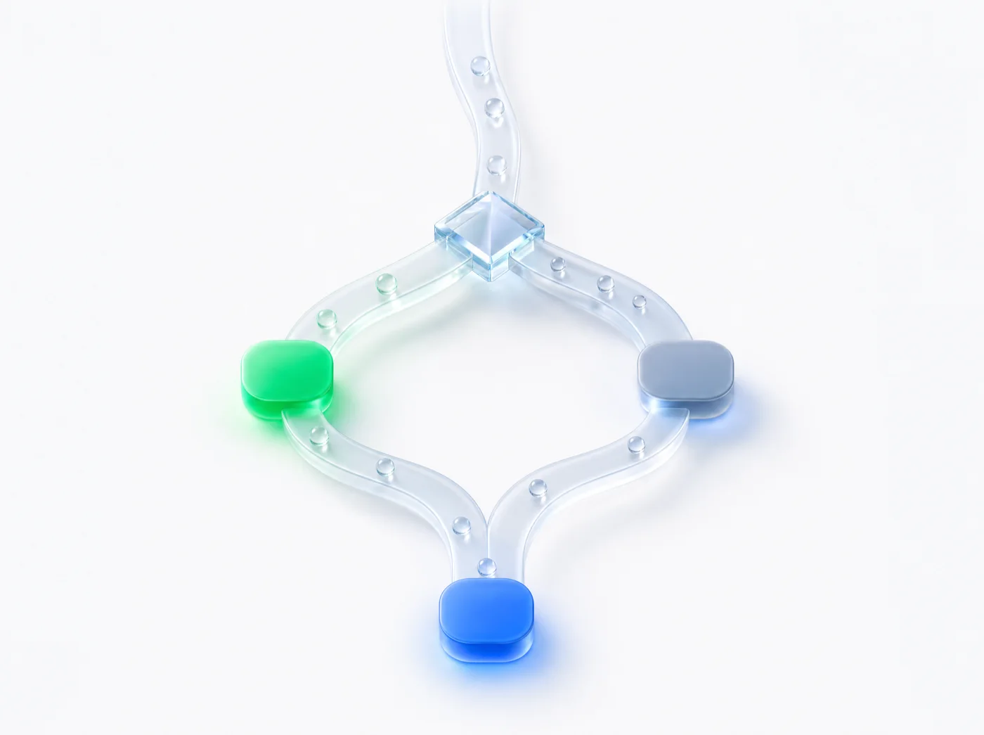 A glass path splitting at a crystal junction through a green node and a gray node, rejoining at a glowing blue endpoint