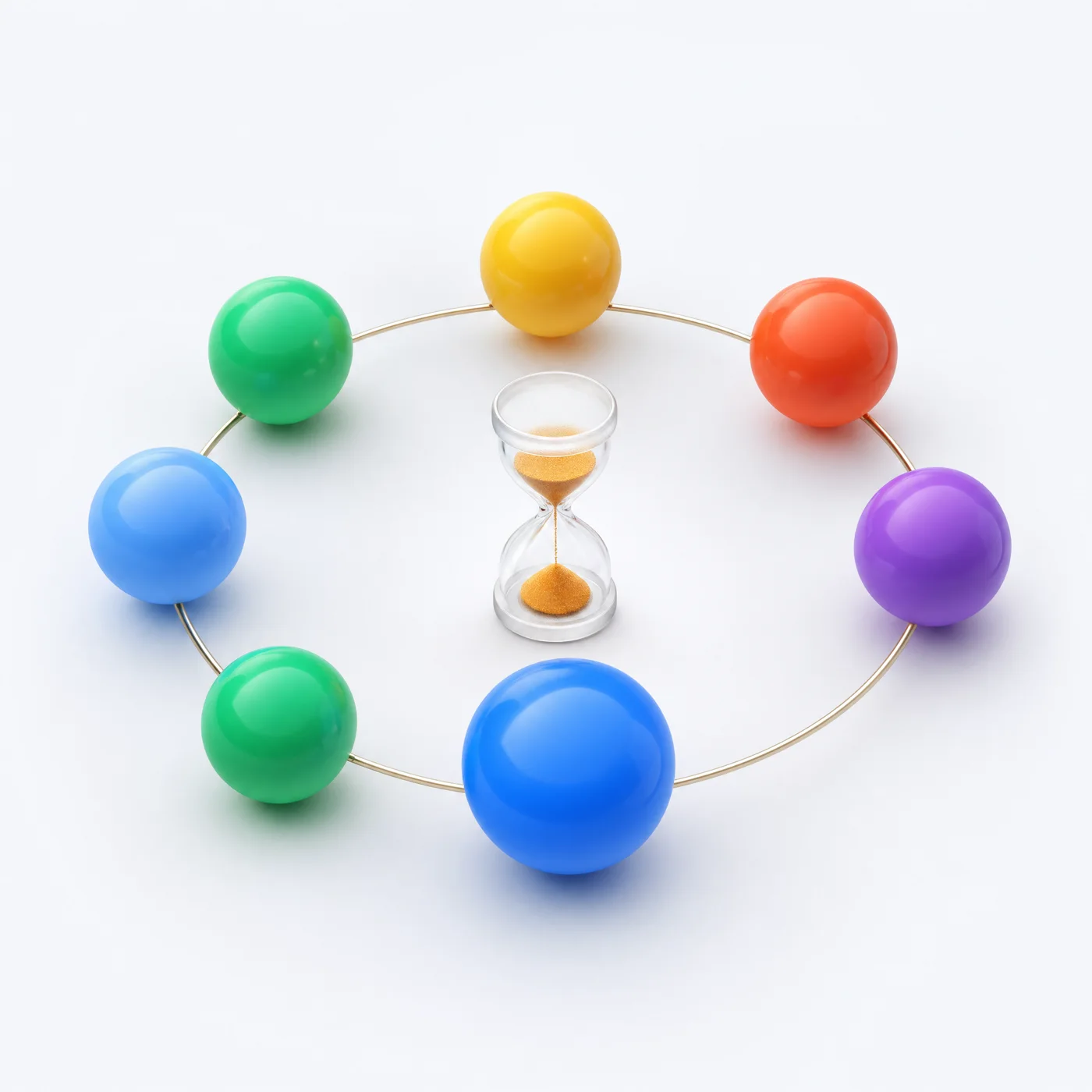 Seven candy-colored spheres orbiting a small glass hourglass, one for each financial domain